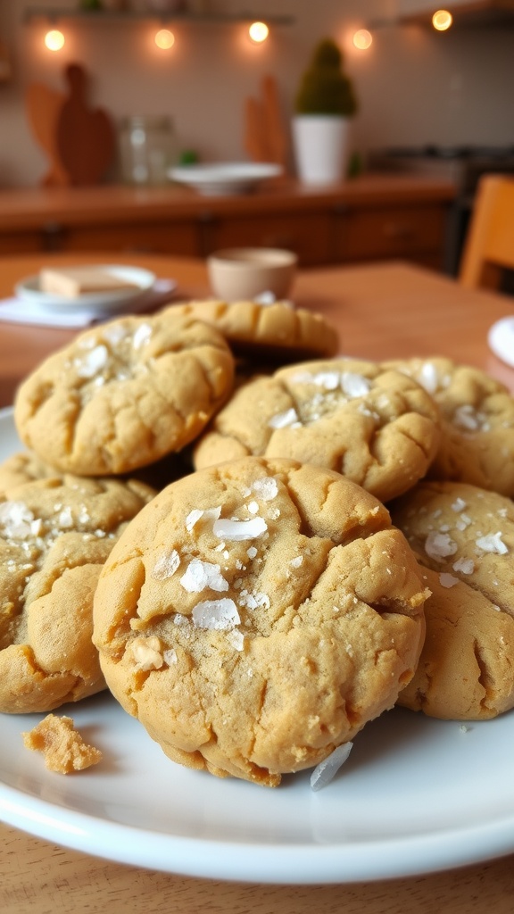 Chewy Nut Butter Cookies with Sea Salt Chewy nut butter cookies on a plate, topped with sea salt, in a warm kitchen setting.
